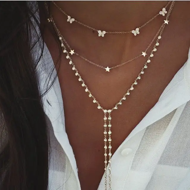 Neue Vintage Kristall Geometrie Stern Mond Schloss Halskette Für Frauen 2020 Boho Multi-level Anhänger Halsketten Colliers Schmuck geschenk – Detail 10