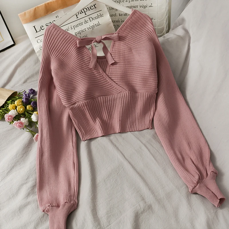 Lady Short Knitted Sweater Y2K Spring Autumn Lantern Sleeve Sexy Deep V-neck Jumper Casual Streetwear Fashion Femme Slim Tops