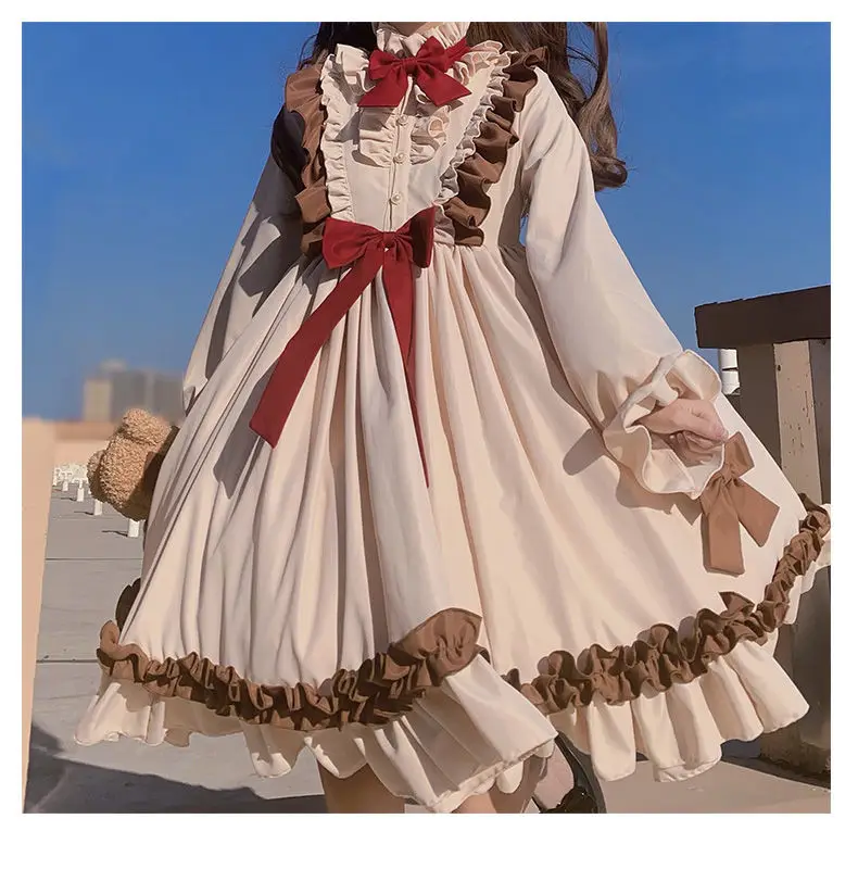 Vintage Girls Victoria Palace Princess Puff Sleeve Dress Lolita Sweet Woman Bowknot Winter Splicing Vestidos Cosplay Lolita Op