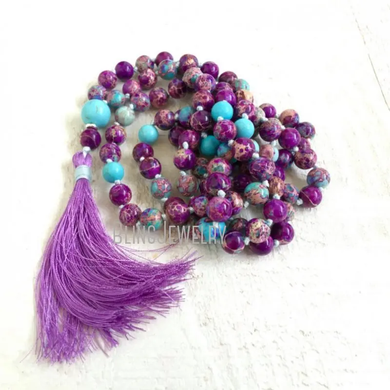 MN36966  Natural Purple Jasper Opal Turquoise Mala Beads Silk Tassel Necklace 108  Bead 