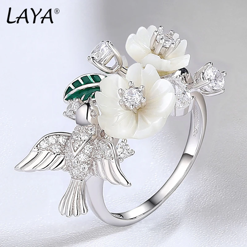 Laya 925 Sterling Silver Summer Hot Style Luxury Jewelry High Quality Zircon Natural Shell Flower Leaf Enamel Ring For Women