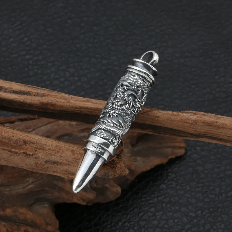 S925 Sterling Silver Vintage Thaisilver Ancient Bullet Stoage  Jewelry Dragon Engrave Memorial Pendant Holder Ash Urn Necklace