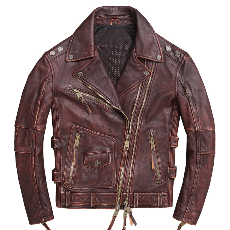 2020 Vintage Brown American Style Men Motorcycle Leather Jacket Plus Size 4XL Genuine Cowhide Slim Fit Biker Coat FREE SHIPPING