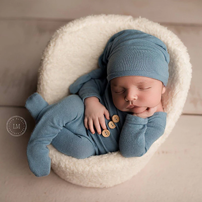 Newborn Photography Props Button Overalls Pants Baby Photo Shoot Romper Outfit Hat Accessories Bebe Shooting Boy Clothes Set