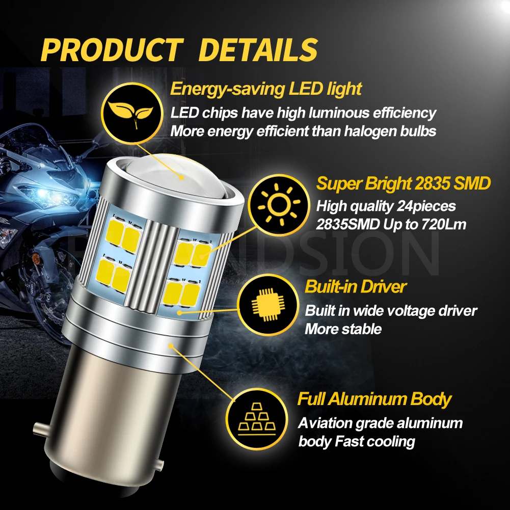 1Pcs RUIANDSION 2835SMD 6V BAX15D LED Motorcycle Headlight Bulbs Moped Scooter Fog Lamp Floodlight Hi/Lo Beam 6000K White 720Lm