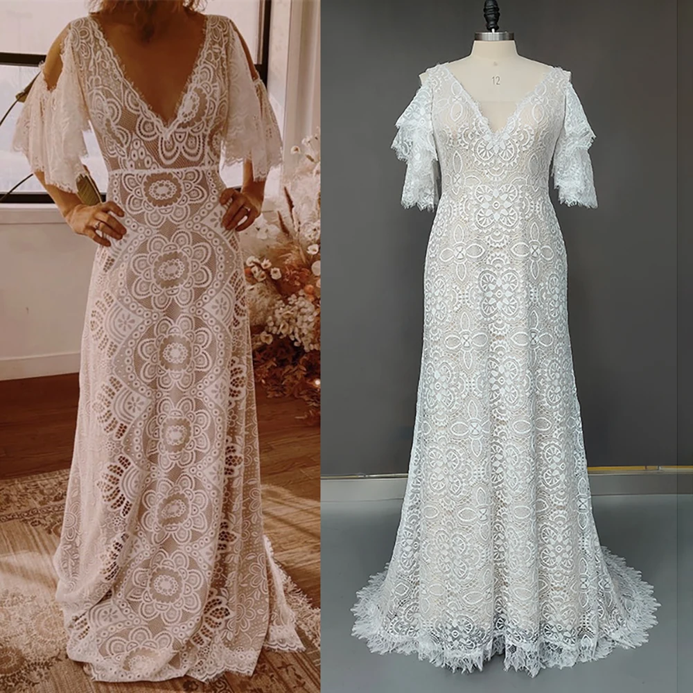 Short Flutter Sleeves Lace Sheath Wedding Dress Backless Customized Plus Size Open Back Sweep Train Rustic V Neck Bride Gown