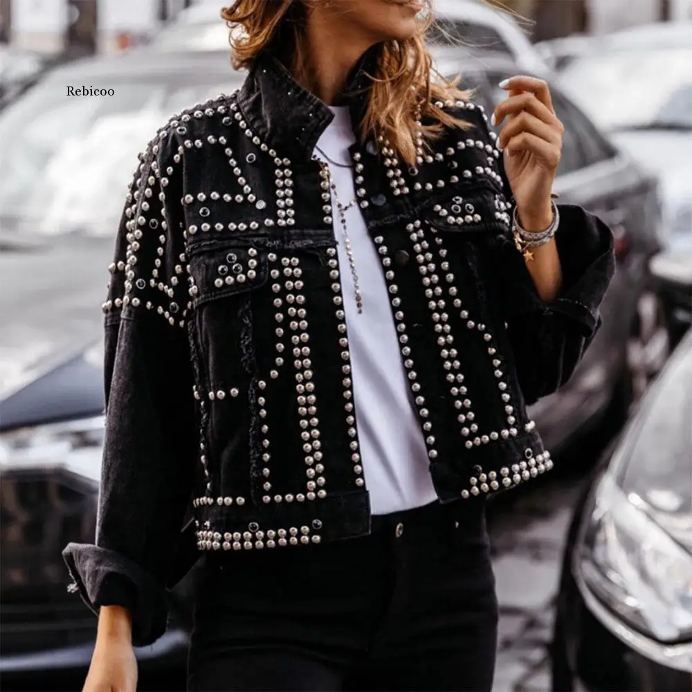 

Studded Rivet Denim Jacket Women Loose Jackets Studs Ladies High Quality Jeans Jacket Women Denim Coats Streetwear