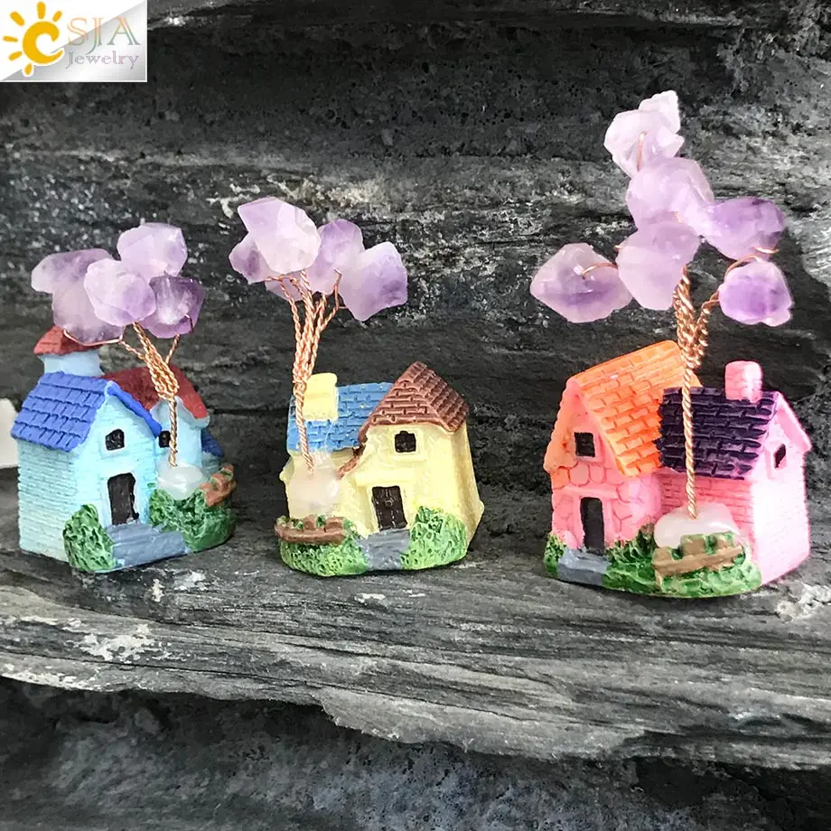 CSJA Fairy Garden Miniature Villa House Ornaments for Home Decor Purple Crystal Tree Life Crafts Micro Landscape Kids Toys G596