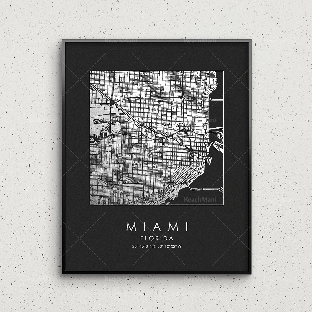 Miami city map printing, gold and silver Miami square map, Miami wall decoration, Miami street map, personalized map art gift