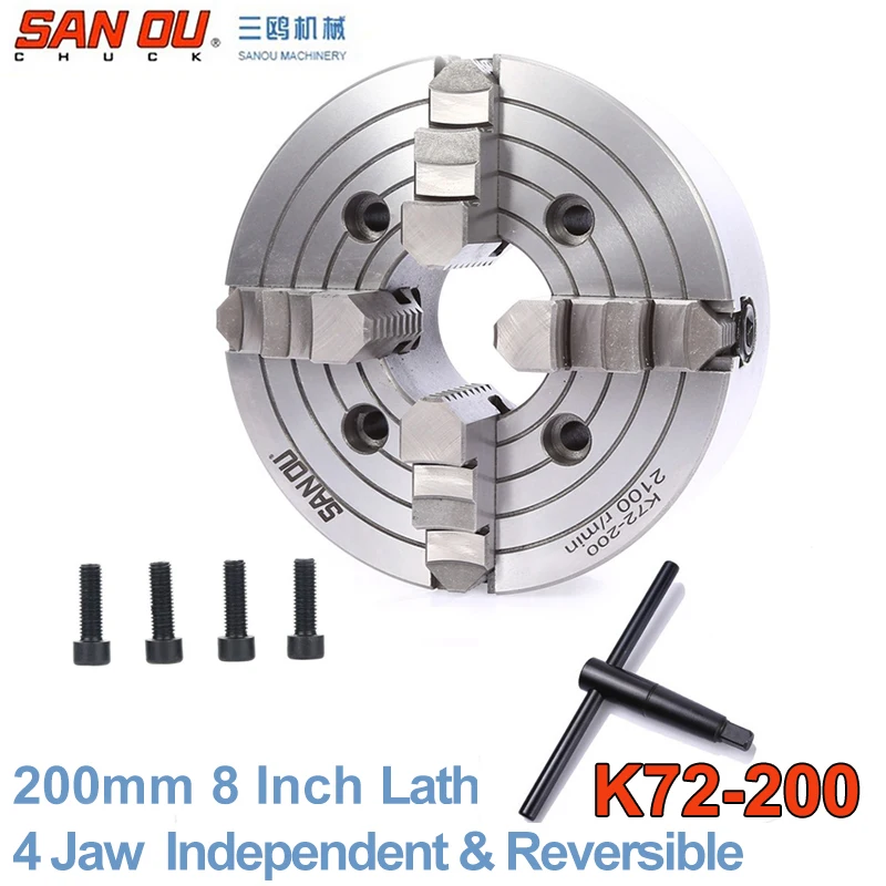 

200mm 4Jaw 8" Lathe Chuck Independent & Reversible Jaw SANOU K72-200 for CNC Drilling Milling woodworking