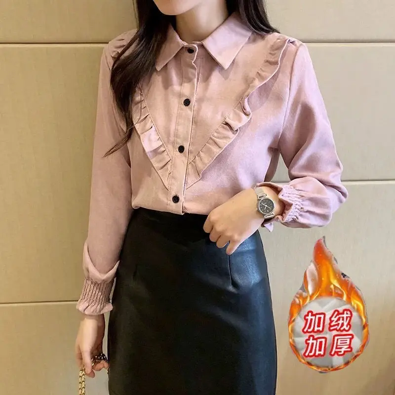 Camisa de lana de pana para mujer, Tops lisos de manga larga con volantes, blusa informal de lana para invierno, ropa elegante de otoño