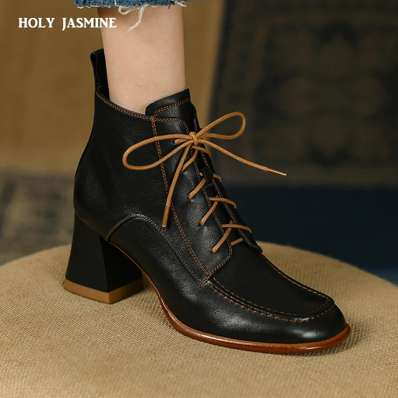 2022 Spring New Hot Sale Genuine Leather Footwear Women Boots Lace Up High Heels Casual Shoes Women Ankle Boots Platform Boots