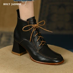 2022 Spring New Hot Sale Genuine Leather Footwear Women Boots Lace Up High Heels Casual Shoes Women Ankle Boots Platform Boots