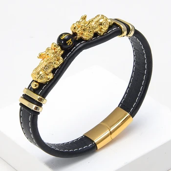 Zwart Obsidiaan Steen Armband Mannen Vrouwen Feng Shui Armband Vergulde Bixie Patroonheilige Zegenen Gezondheid Rijkdom Lucky Sieraden