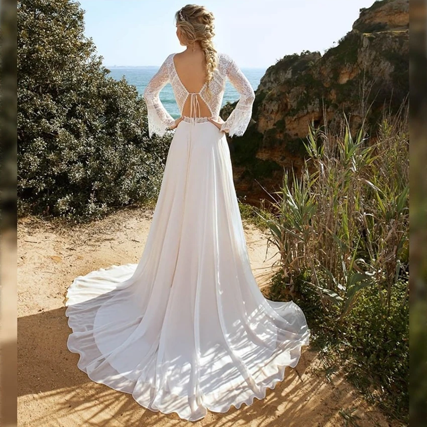 Bohemian Wedding Dress A-Line O-Neck Flare Sleeve Lace Appliques Backless Floor Length Sweep Train Formal Bride Gown New