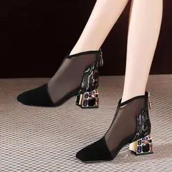 FHC NEW Mesh Sandals Boots,Women Ankle Botas,Mid Heel Rhinestone Booties,Hollow out Summer Shoes,Back Zip,Black,White,Dropship