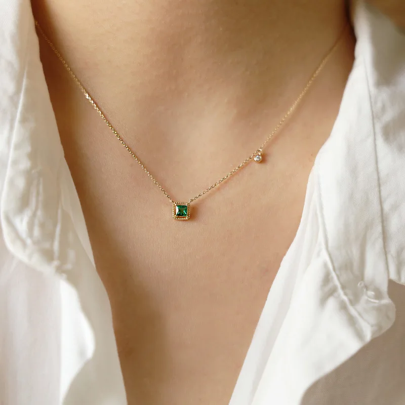 WOOZU 925 Sterling Silver Square Green Zircon Clavicle Charm Pendant Necklace for Women Wedding 14k Gold Plated Jewelry Gift