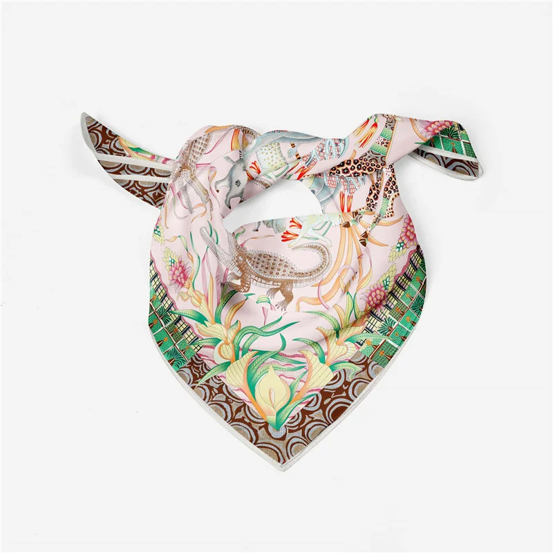 53cm Woman Scarf Shawl 100% Twill Silk Square Scarf Zambe Elephant Print Neckerchief Bandana Headband Hijab Scarves & Wrap