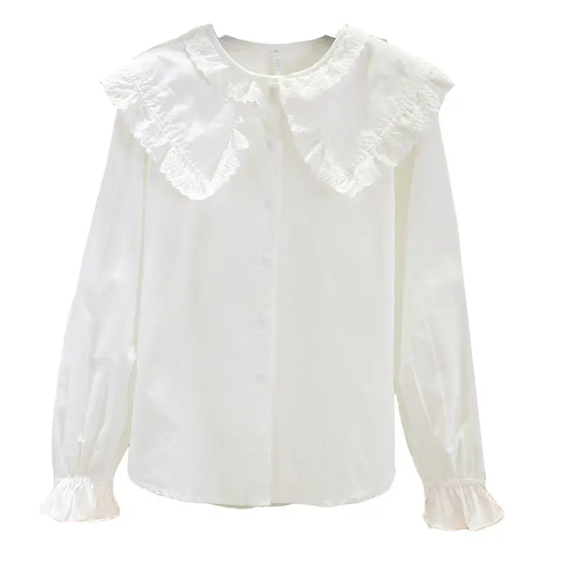 

Осенние рубашки для девочек с кукольным воротником, 2021, Корейская Милая белая рубашка с длинным рукавом, милая детская кружевная Топ, блузка, одежда для подростков