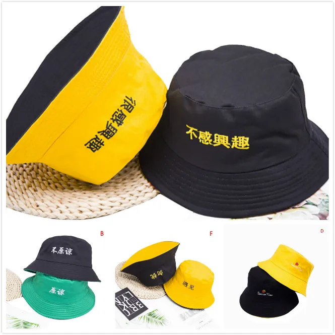 1PCS Men And Women Korean Double-sided Bucket Hat Caps Wear Embroidered Fisherman Hat Creative Casual Fashion Visor Cap