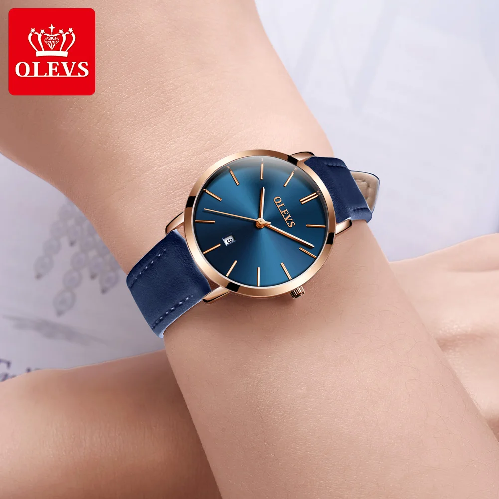 OLEVS Casual Quartz Watch for Women 6.5mm Ultra-thin Dial Gold Blue Leather Strap Fashion Luxury Brand Women\'s Wristwatches