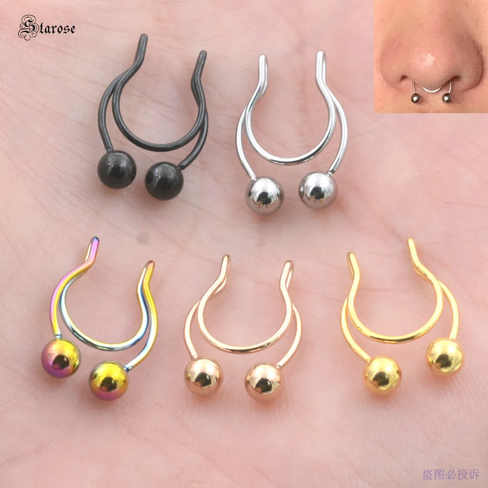 Starose Adjustable 2pcs 0.8x8mm 20G Fake Nose Ring Hoop Clip Septum Rings Cute Balls False Nariz Piercing Oreja Unisex Jewelry
