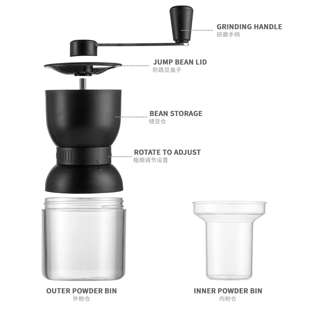 المنزل اليد كرنك آلة القهوة يمكن تعديلها خارجيا مع 4 مستويات السيراميك حركة مكتب طاحونة القهوة السفر المحمولة