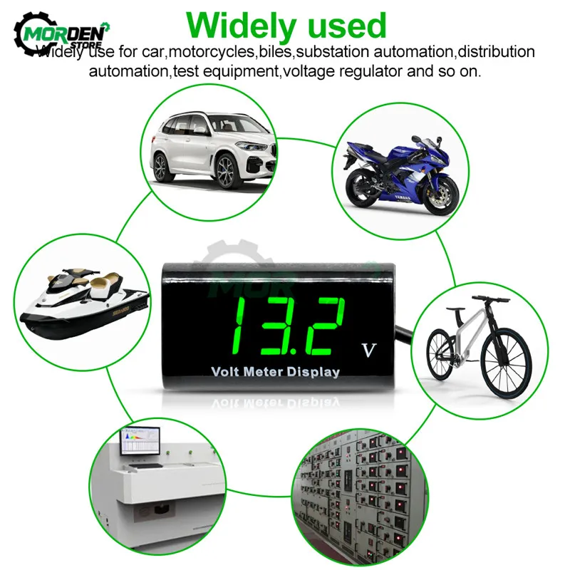 Voltímetro Digital para motocicleta y coche, medidor de voltaje con pantalla LED de 0,56 pulgadas, IPX6 resistente al agua, 2 cables, 12V, 0-100V,