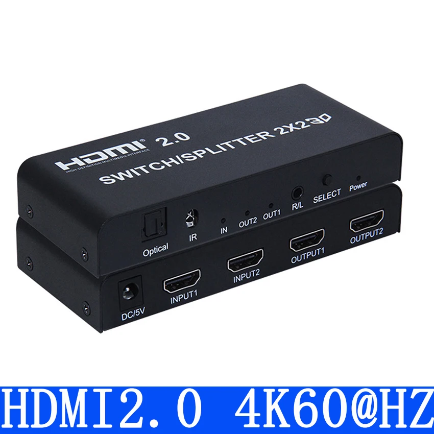 2x2 HDMI 2.0 스위치 스위처 분배기 4K @ 60Hz YUV 4:4:4 광학 SPDIF + 3.5mm 잭 오디오 추출기, IR 원격 제어 포함