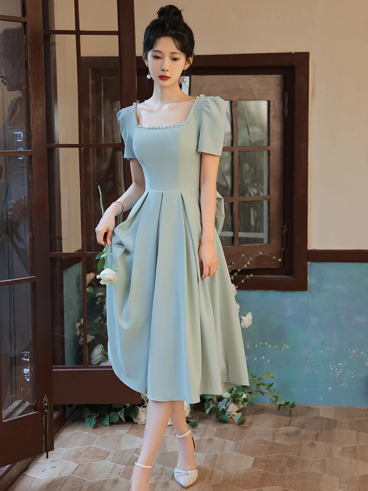 Vintage Square Collar A-Line Prom Dress Sexy Backless Big Bowknot Tea-Length Party Gown Women Summer Homecoming Dress