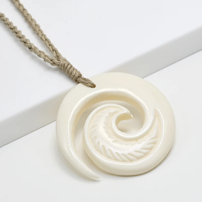 NGX018 Hawaii Man Jewelry New Zealand Maori Tribes Pendant Yak Bone Koru Spiral Womens Hemp Rope Weaving Surfing Necklace