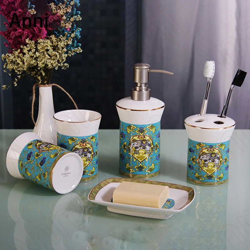 

Creativity Painted Elephant Bathroom Accessories Set Ceramic Thai Pattaya Elements Household Five Piece Set Shower Accessories