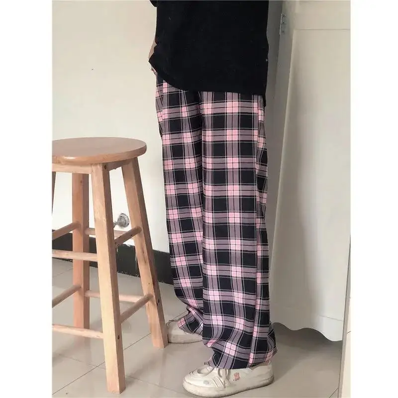 

Black and pink Plaid pants Oversize New Women Casual Loose Wide Leg Trousers Ins Retro Teens Straight Trousers Hiphop Streetwear