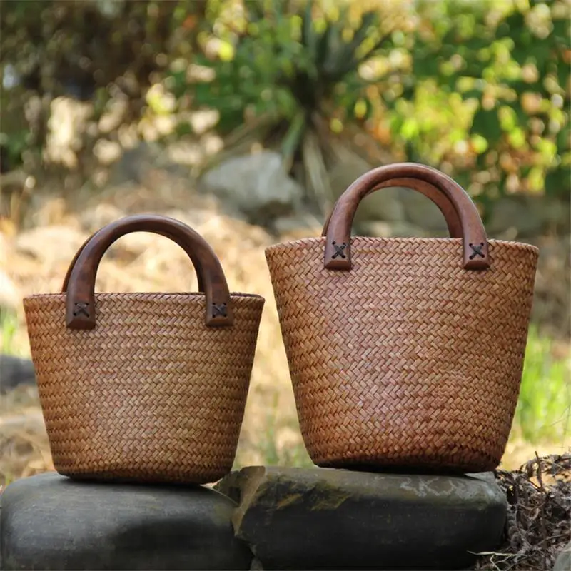 26x18CM Straw Bag Retro Women's Style Thailand Handbag Bucket Bag Shopping Casual Travel Beach Bag Rattan Bag a6102