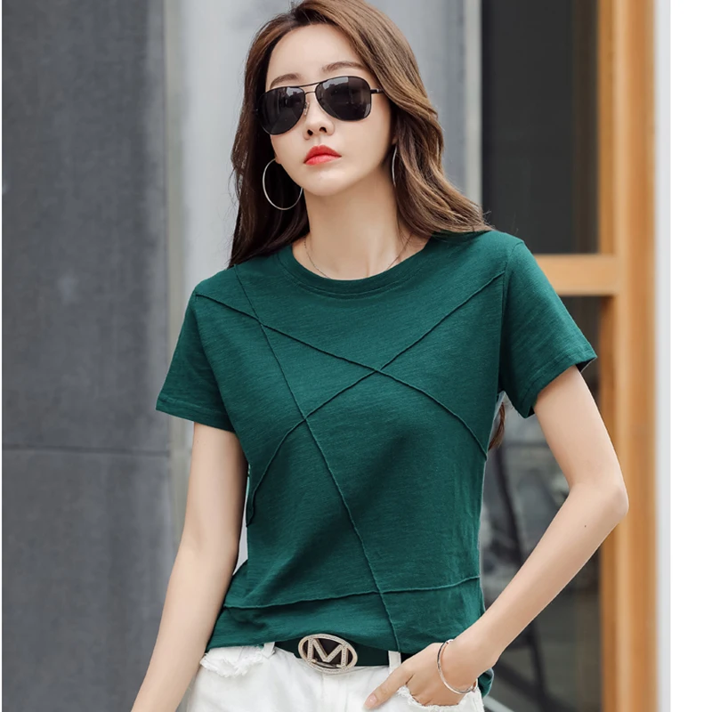 AOSSVIAO Summer Slim Cotton Bamboo T-Shirts Women 2024 O-Neck Short Sleeve Ribbed Tshirts Female Casual Solid Color Tops