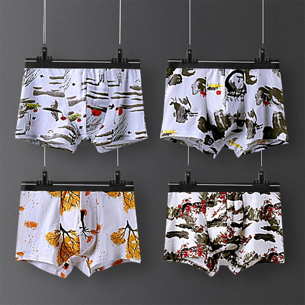 Boxer Shorts Cotton Print Underwear Men Boxershorts Cotton Men\'s Panties Male Underpants Mid Waist Breathable Boxershorts Long