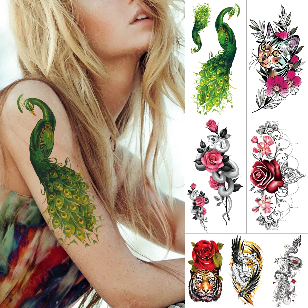 

Waterproof Temporary Tattoo Sticker Peacock Cat Flowers Tattoos Snake Rose Dragon Body Art Arm Fake Sleeve Tatoo Women