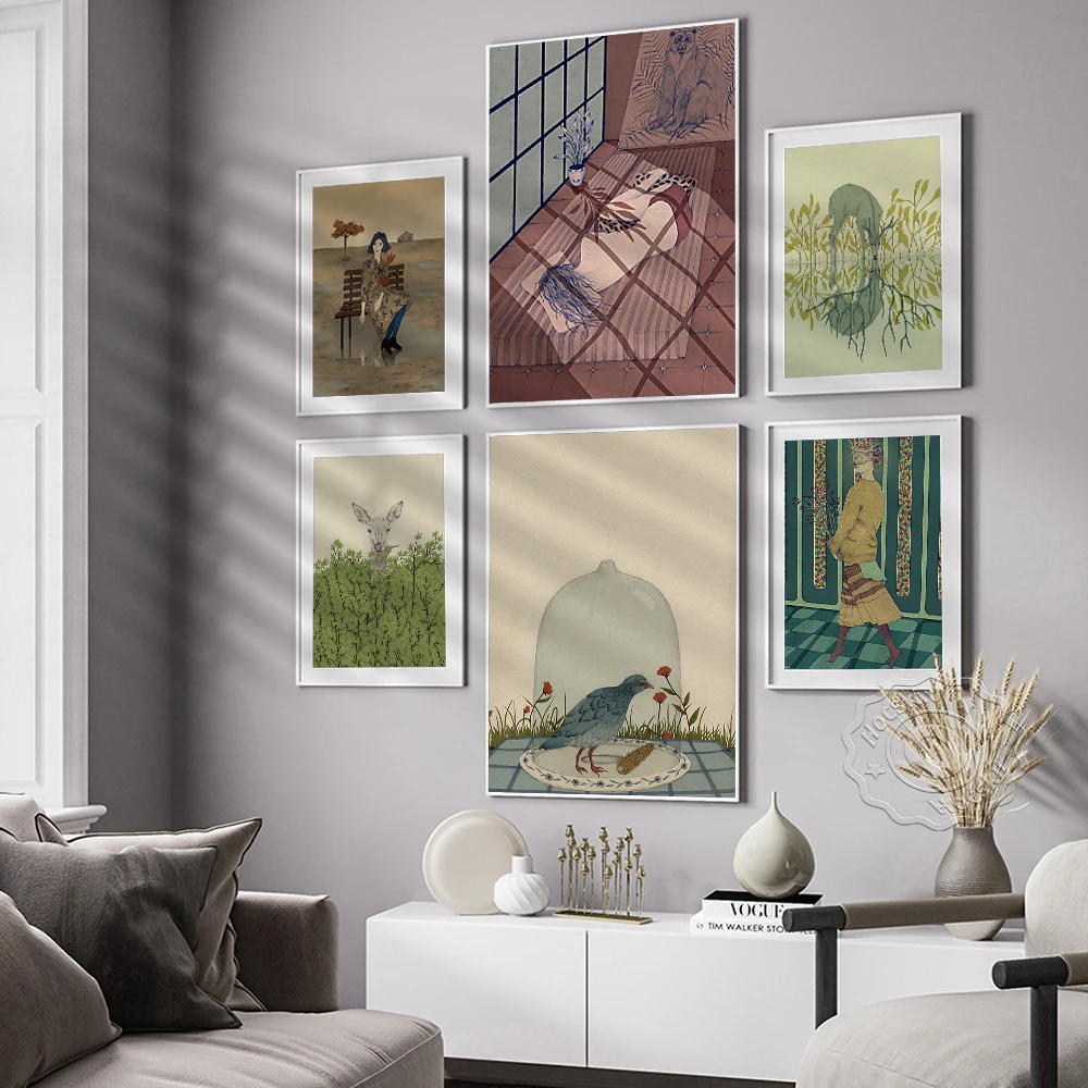 Pósteres de ilustraciones de ensueño de Daniela Gallego, pegatinas de pared de imágenes fantásticas de experiencia humana, decoración del hogar humano de naturaleza animal