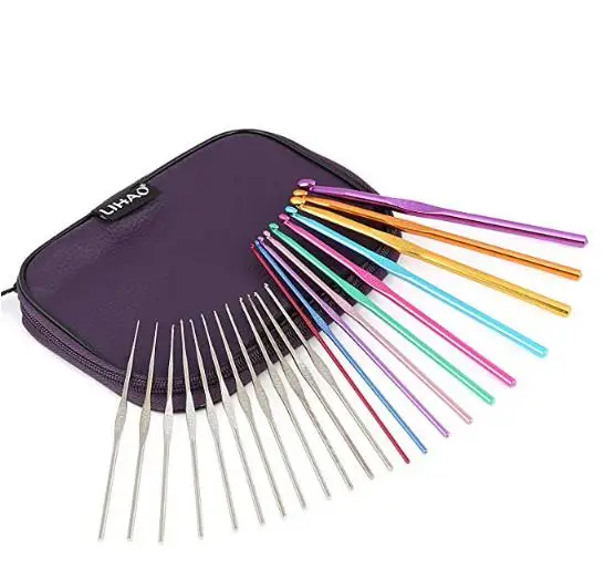 Aluminum Handle Crochet Hooks Ergonomic Knitting Knit Needles Weave Yarn 22 pieces/set with pu leather case bag  gift