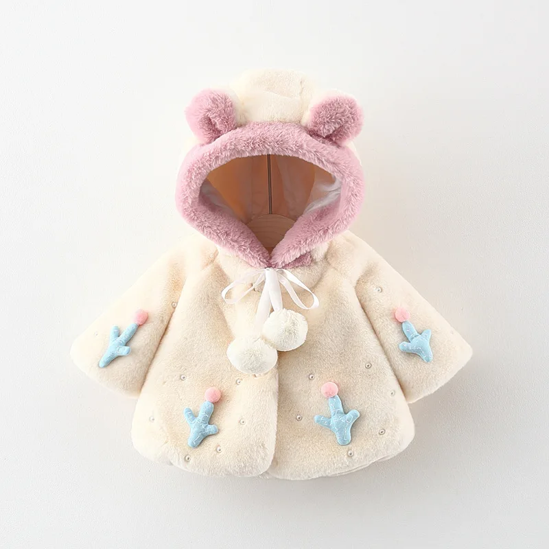 Fall Winter Kids Jacket Newborn Baby Girls Clothes Korean Cartoon Cute Hooded Plus Thick Velvet Warm Faux Fur Toddler Coats 024