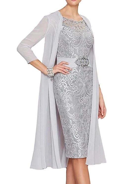 Plus Size Mother Of The Bride Dresses Sheath Chiffon Appliques Beaded With Jacket Short Groom Mother Dresses For Wedding