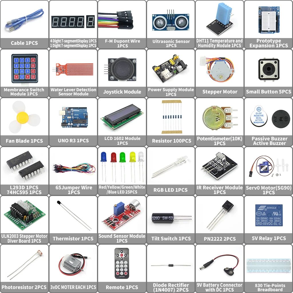 EQV Super Starter Kit for Arduino UNO R3 - Uno R3 Breadboard / Step Motor / SG90 Servo / 1602 LCD / jumper Wire / CD Tutorial