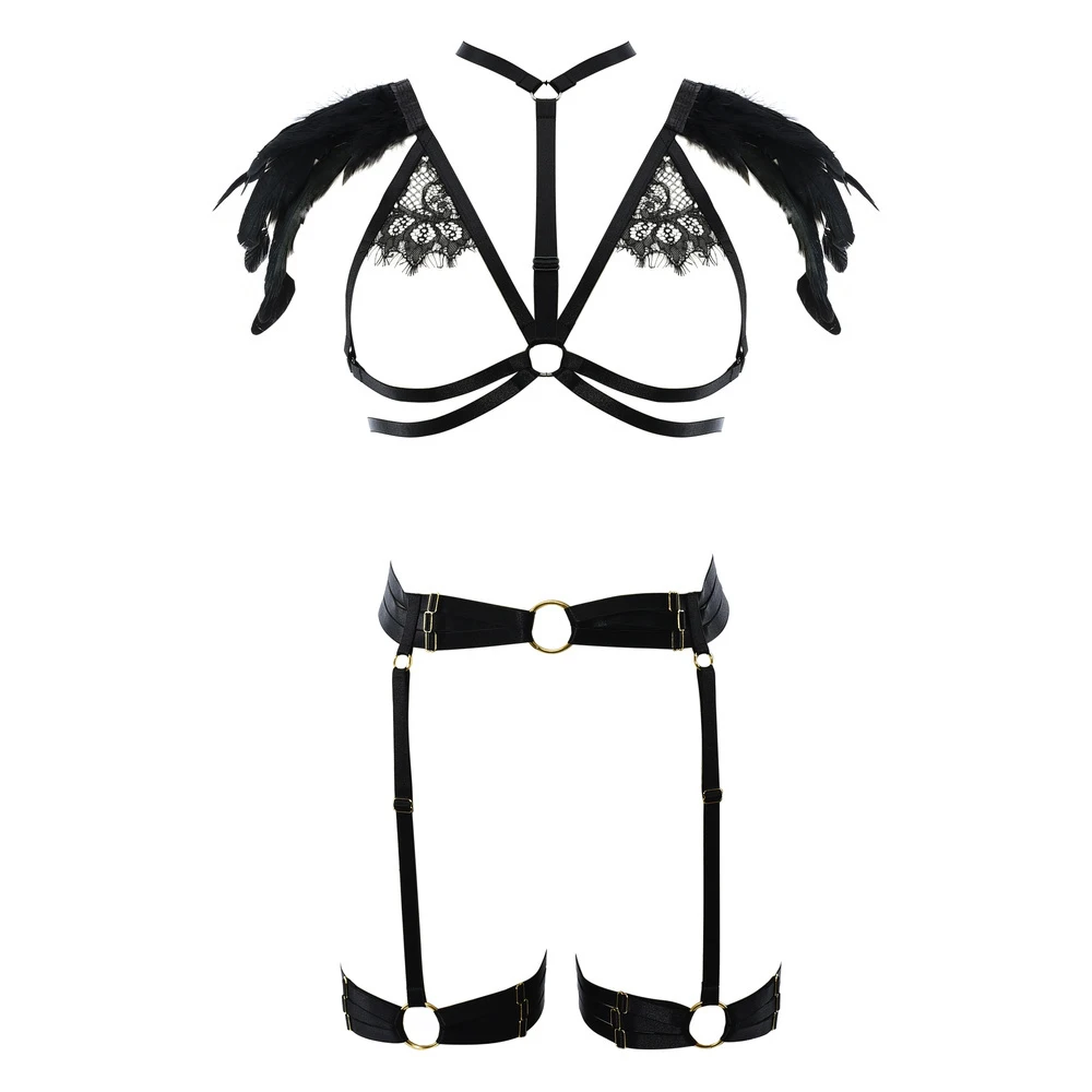 

Hollow Body Harness Set Rave Feather Open Chest Bra Cosplay Bondage Stockings Leg Garter Belt Adjust Sexy Lingerie Bodysuit
