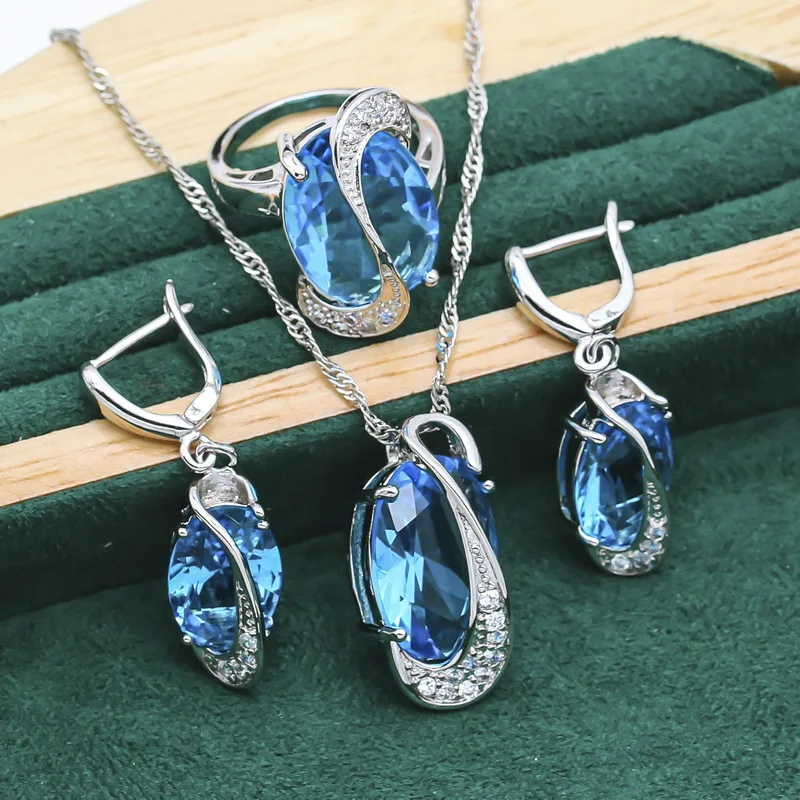 Classic 925 Silver Jewelry Sets For Women Wedding Blue Topaz Bracelet Earrings Necklace Pendant Ring Christmas Gift 4PCS