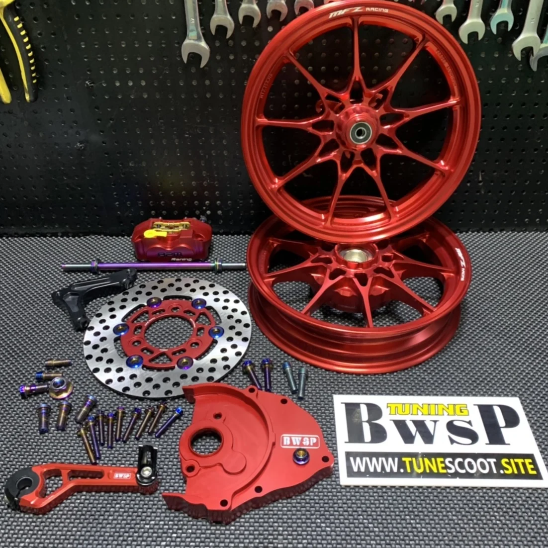 DIO50 MFZ Combo Set With Red Wheels BWSP CNC Transmission Gear Cover Brake Disk Caliper 200mm 220mm Dio 50 Af18