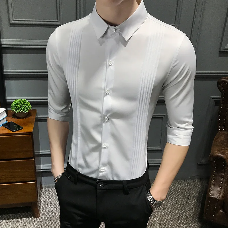 Men Pleating Shirt Slim Fit Wedding Party Summer Solid Shirt Men Camicia Uomo Vintage Shirt Button Down Black Red White 6xl