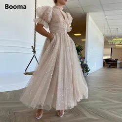 Booma Elegant High Neck Evening Dresses Short Sleeves Keyhole Buttoned Top A-Line Prom Dresses Pockets Tea-Length Party Gowns