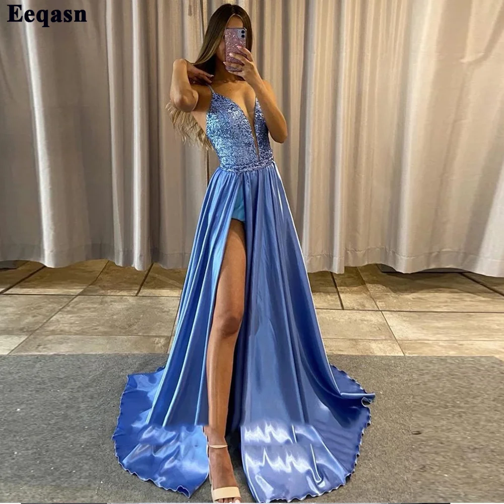 Eeqasn Blauw Glitter Sequines Satin Avondjurken Sexy V-hals Backlesswomen Avond Party Jurken Prom Gown Formele Gelegenheid Jurk