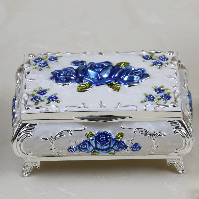 2023 Vintage Enameled Rectangular Decorative Collectible Jewelry Trinket Box for Women White with Red Rose Flower