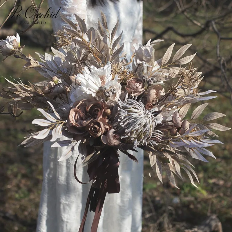 Buquê de flores de orquídea peônia, rosa, noiva, artificial, ramo de futura esposa, vintage, rústico, feito à mão, luxuoso, buquê de casamento